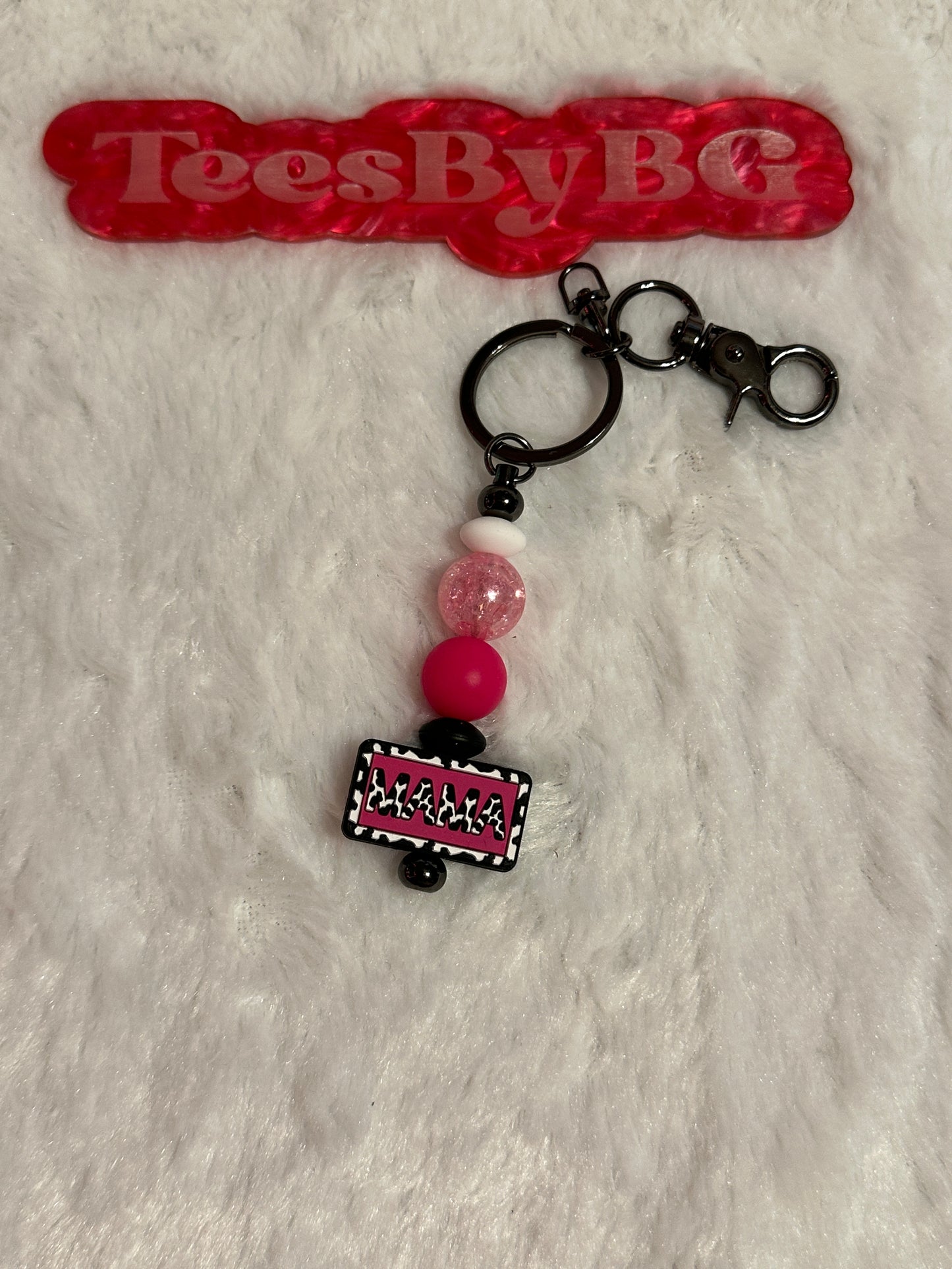 Cow Print Mama on Black Keychain