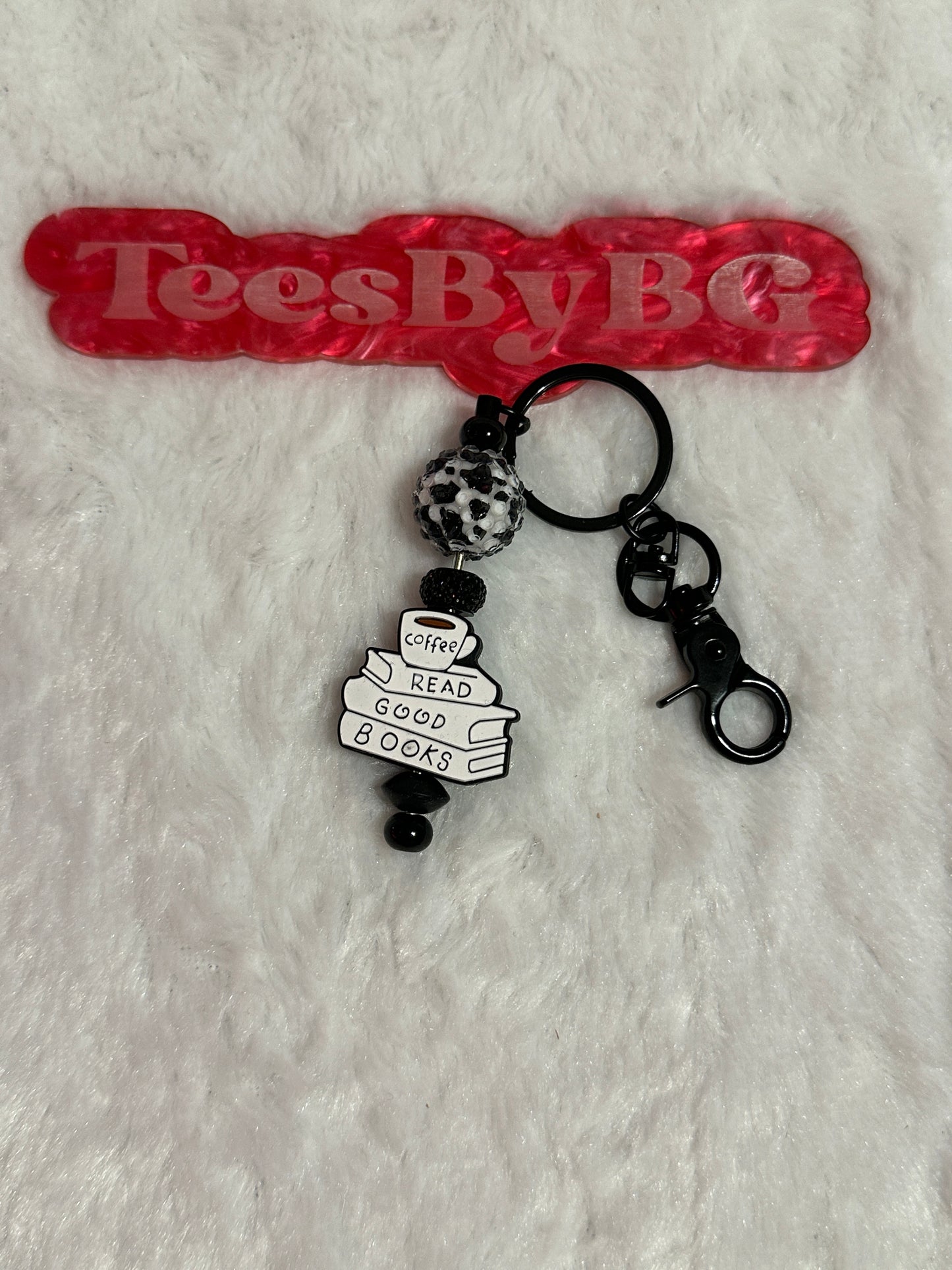 Coffee, Read, Good Books on Black Keychain