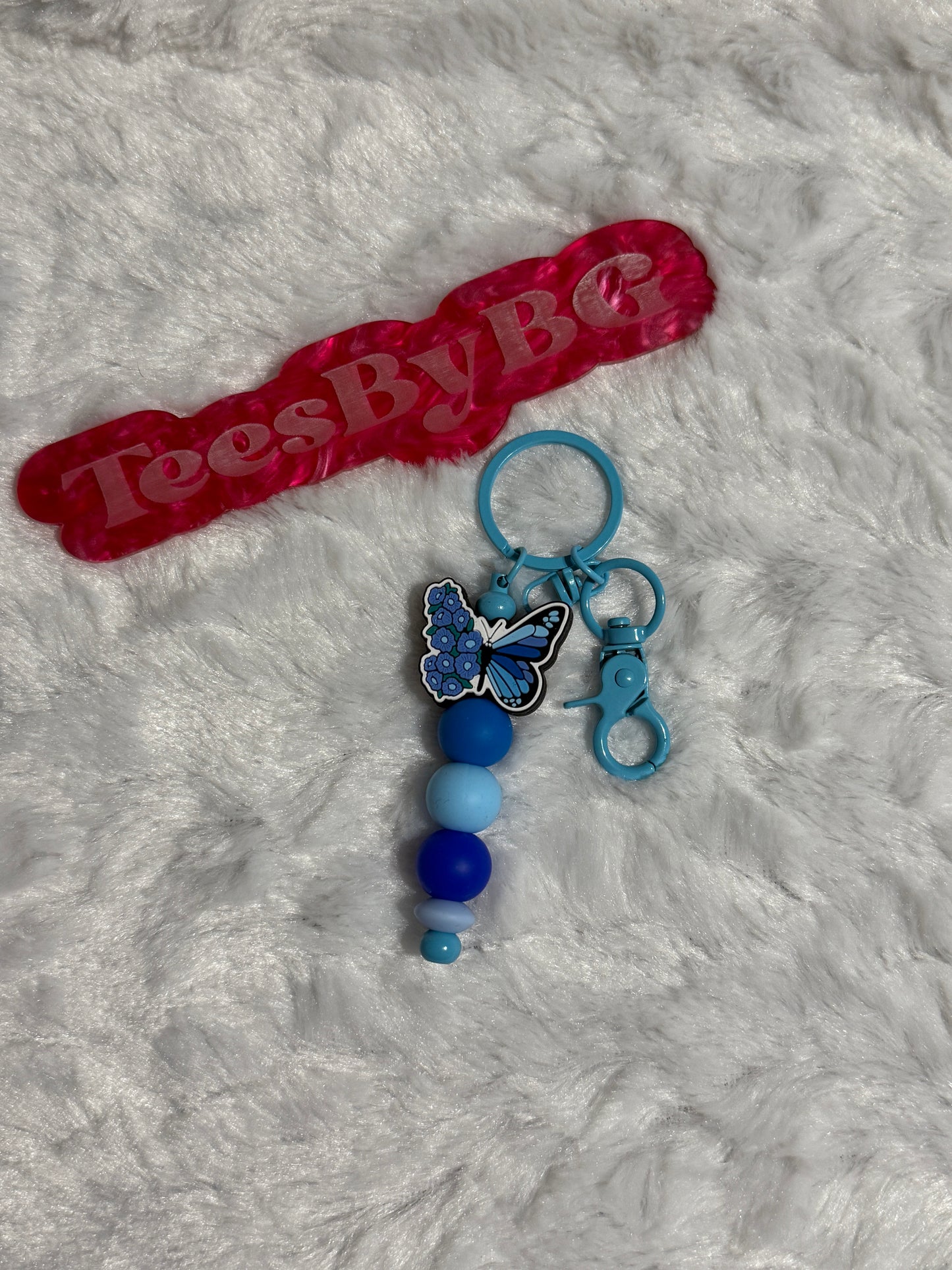 Floral Butterfly on Blue Keychain
