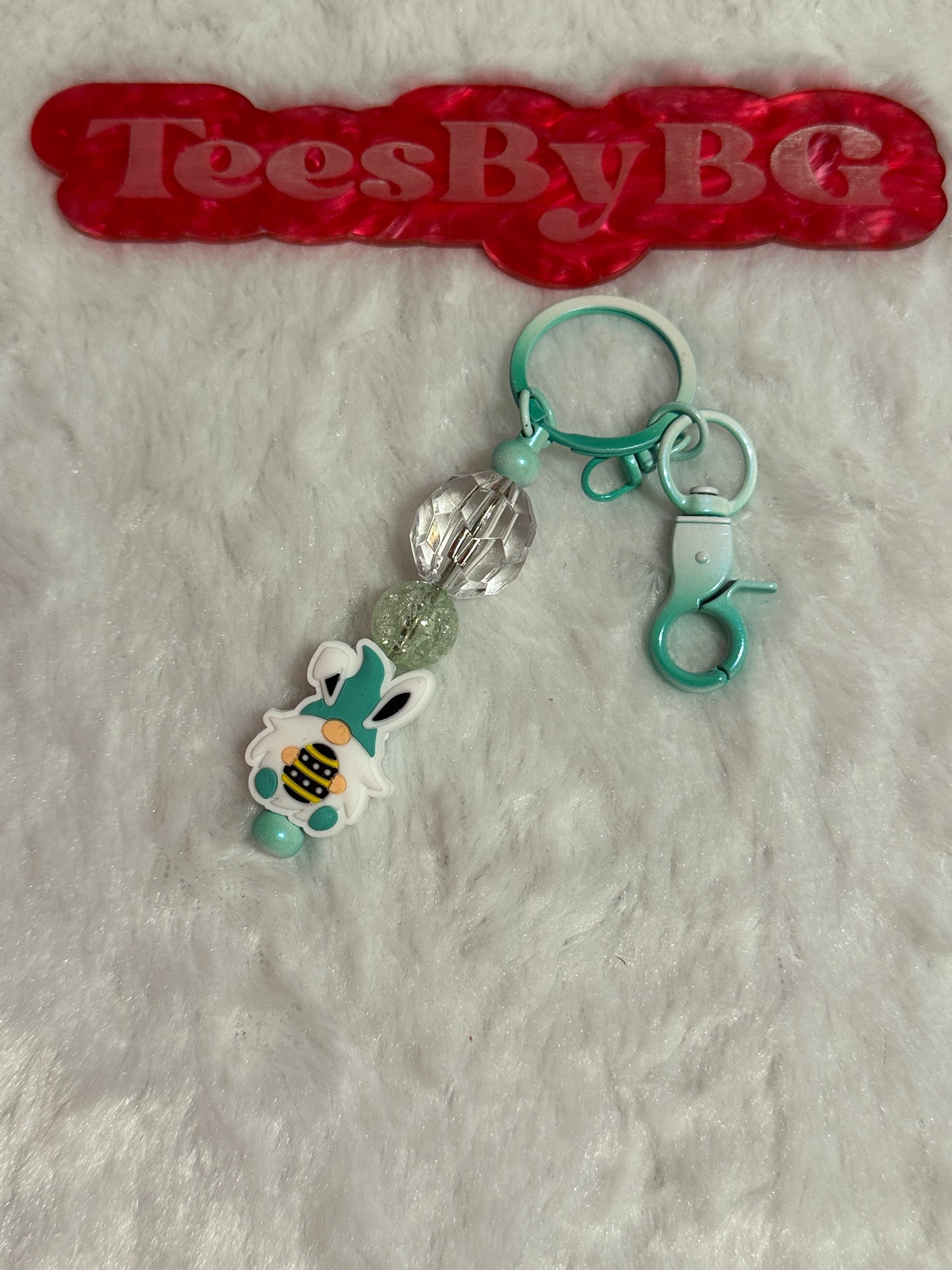 Bunny Gnome on Mint Tie Dye Keychain