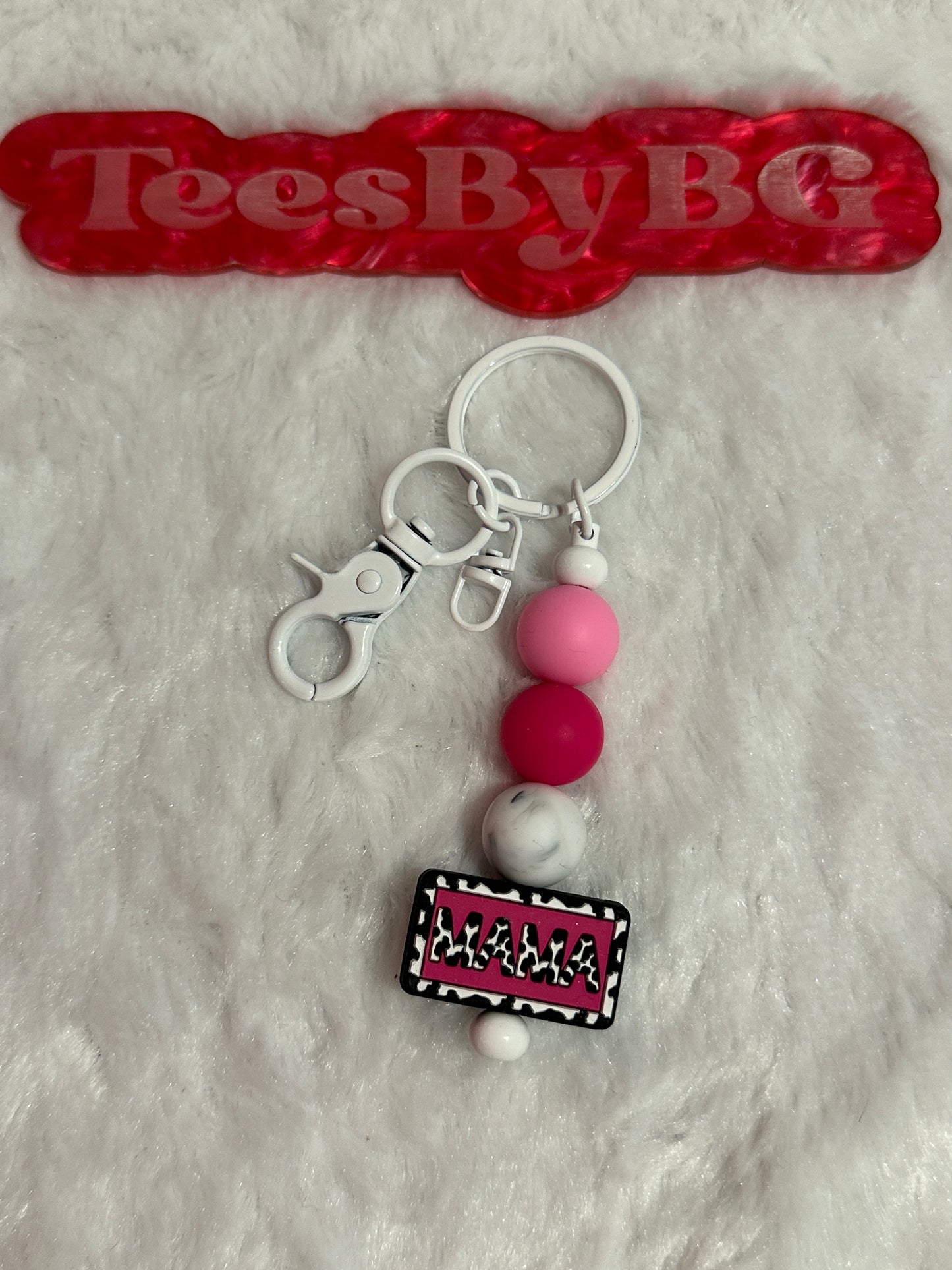 Cow Print Mama on White Keychain