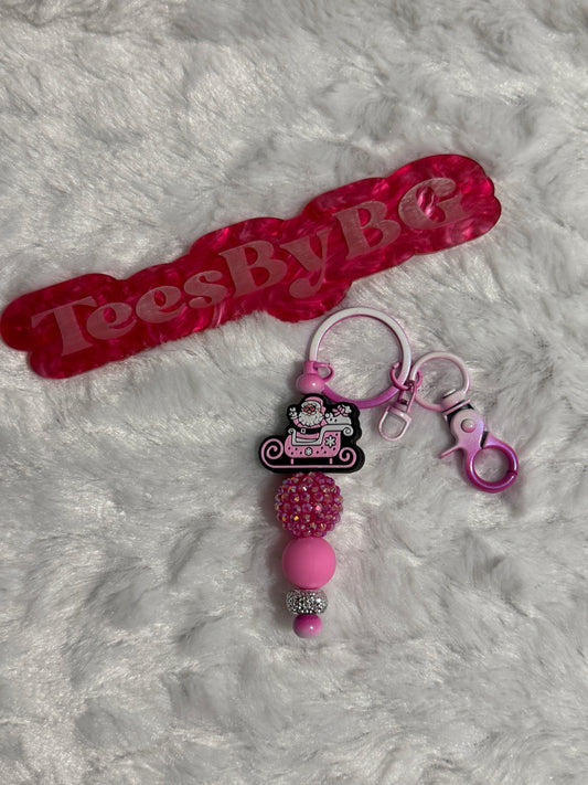 Santa in Pink Sleigh on Pink Tie Dye Keychain