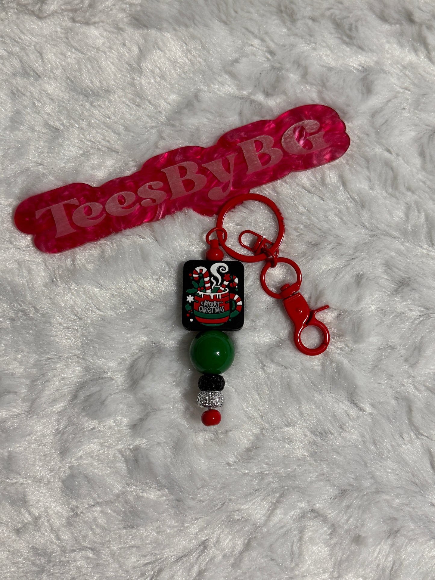 Merry Christmas Cup on Red Keychain